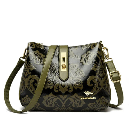 Floral Embossed Leather Women's Crossbody Shoulder Bag – 3-Layer Luxury