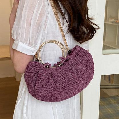Handwoven Straw Crossbody Bag with Gold Ring Handle
