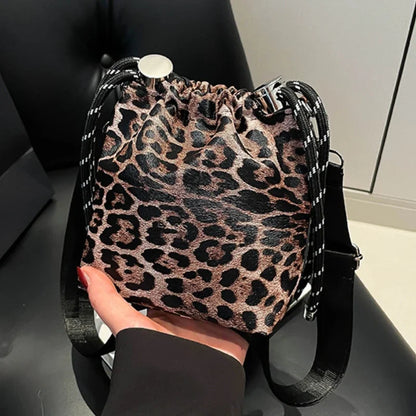 Leopard Print Mini Crossbody Bucket Bag for Women