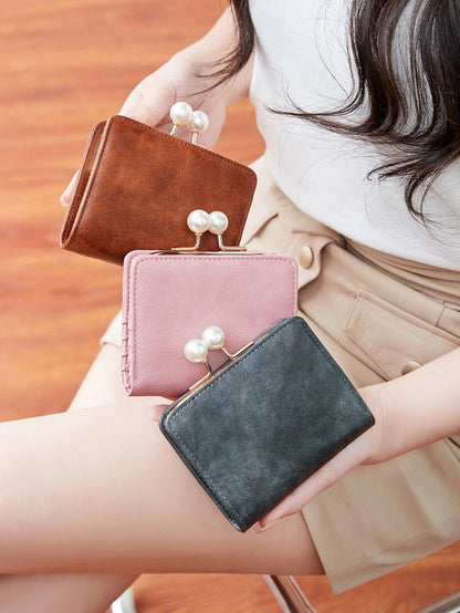 Pearl Kiss-Lock Women's Trifold Wallet – Large Capacity PU Leather