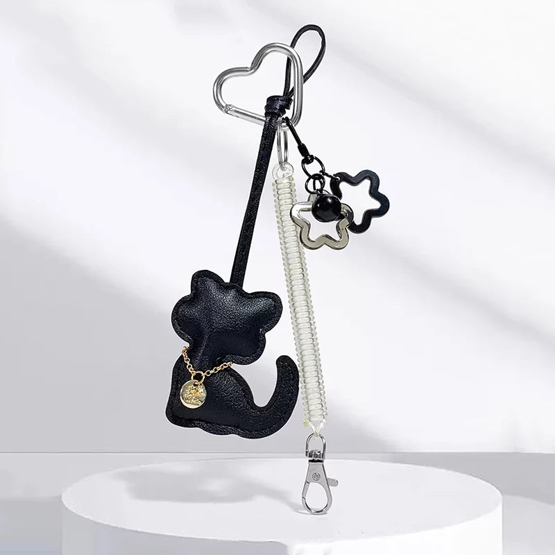 Leather Cat Keychain Charm with Bell & Star Pendant