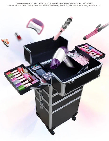 Professional Rolling Makeup Trolley Case 4-Layer with Wheels