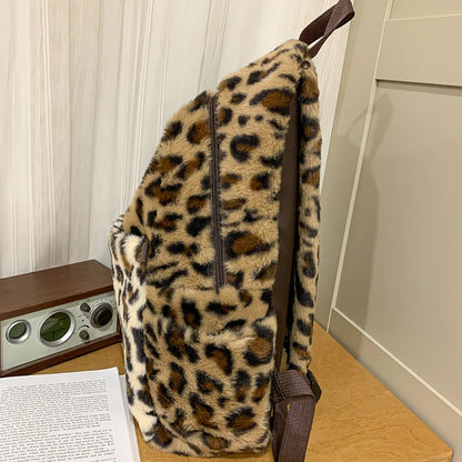 Leopard Print Plush Patchwork Backpack – Japanese Style Daypack