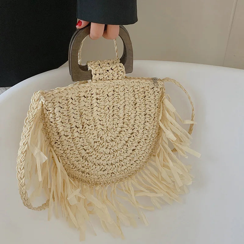 Tassel Straw Crossbody Bag for Women – Handwoven Semicircle Beach Handbag
