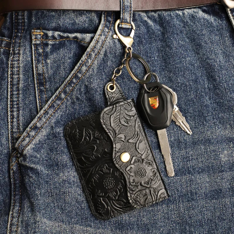 Genuine Leather Coin Purse & Card Holder Wallet with Keyring – Floral Embossed