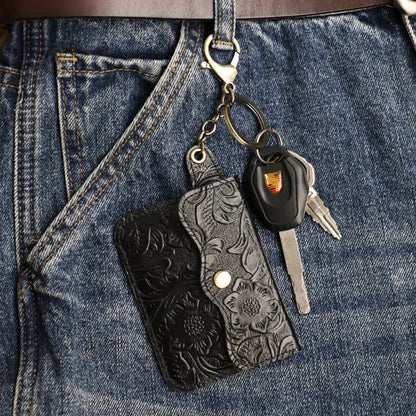Genuine Leather Coin Purse & Card Holder Wallet with Keyring – Floral Embossed