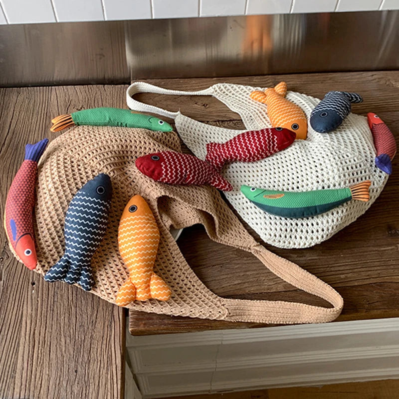 Fish Design Knit Shoulder Bag – Woven Hobo Tote