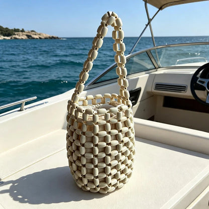 Handmade Wooden Bead Woven Bucket Bag – Mini Hollow Handbag for Women