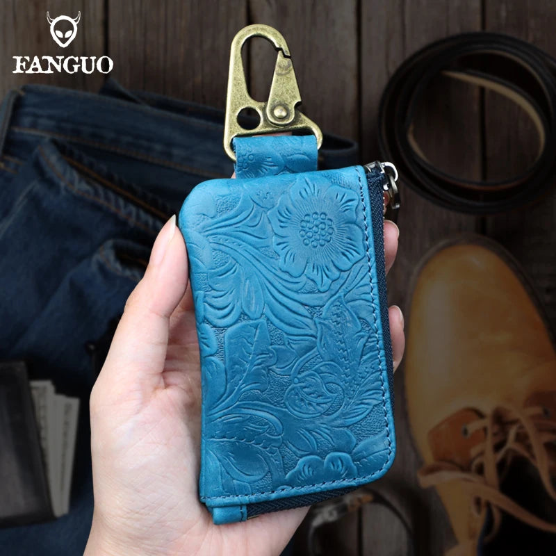 Leather Key Holder Organizer Wallet with Zipper