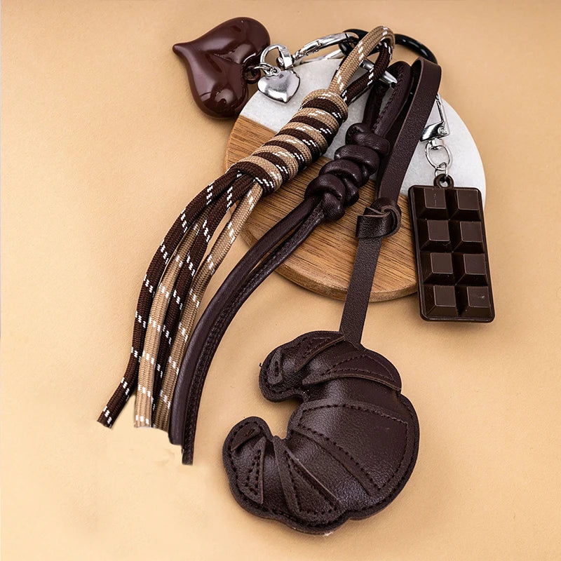 Leather Croissant Keychain with Braided Rope & Charms