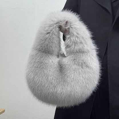 Faux Fur Half Moon Bag for Women – Fluffy Mini Tote Handbag