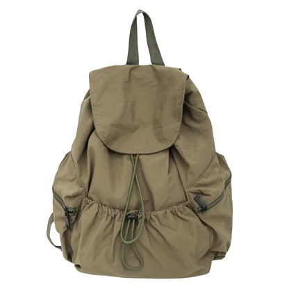 Pleated Drawstring Nylon Backpack – Large Capacity School Bag for Women