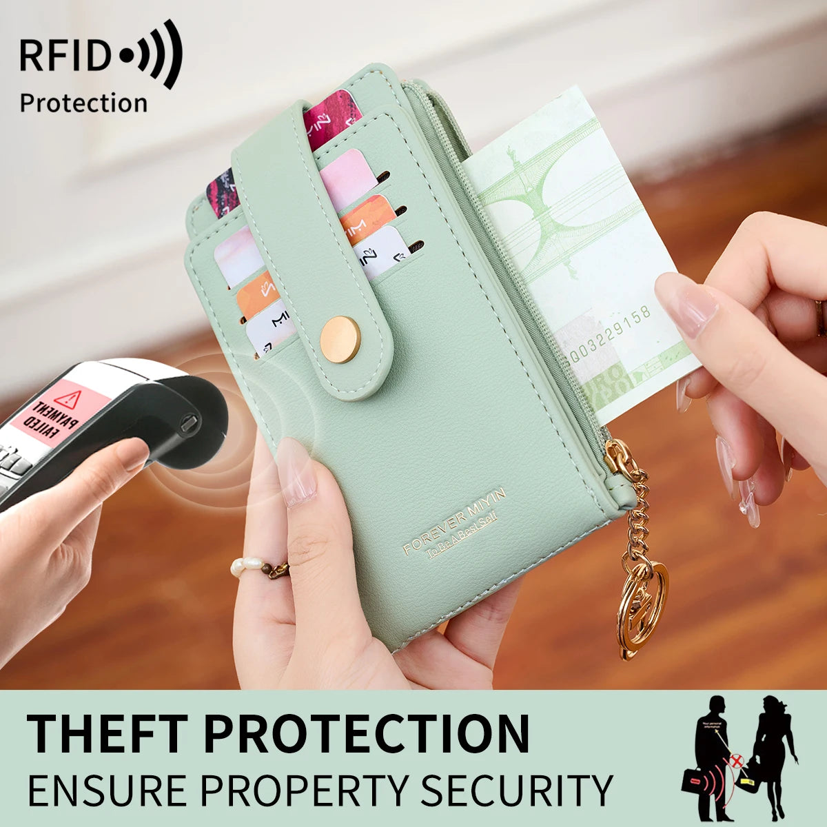 RFID Blocking Women's Mini Wallet with Card Slots & Keychain