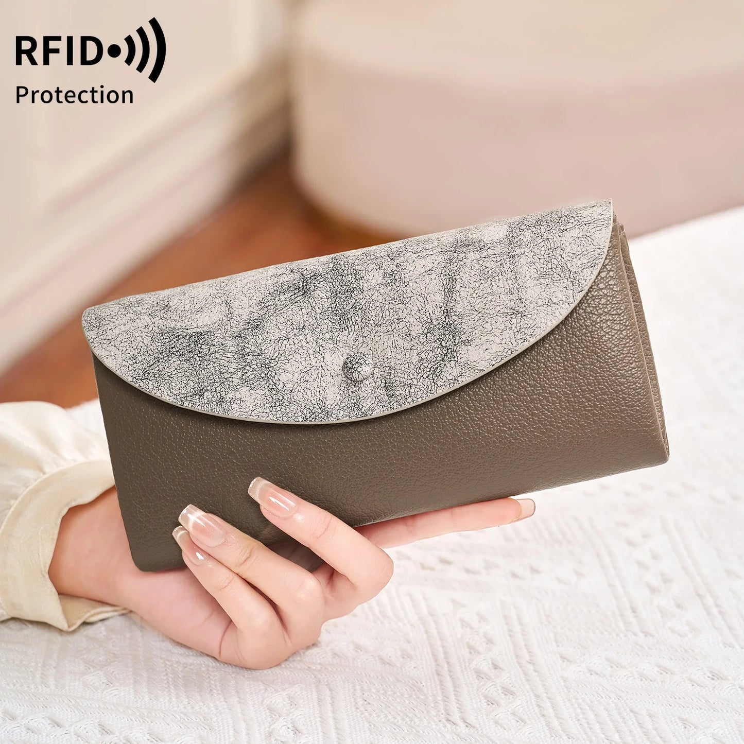 RFID Blocking Women's Wallet – Contrast Color Lychee Pattern Double Zipper Purse