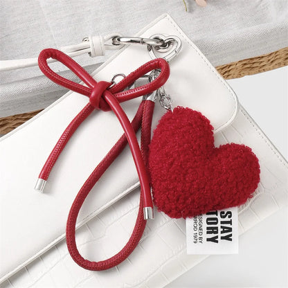 Plush Heart Keychain Bag Charm with Bow & Wrist Lanyard