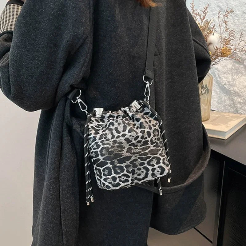 Leopard Print Mini Crossbody Bucket Bag for Women