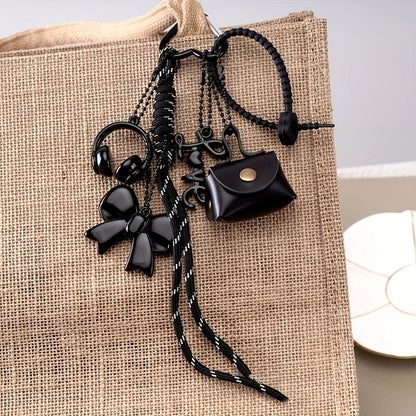 Mini Bow Bag Charm Keychain with Braided Rope & Heart Pendant