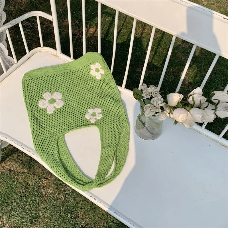 Flower Knit Hollow Tote Bag – Large Capacity Crochet Shoulder Bag for Women