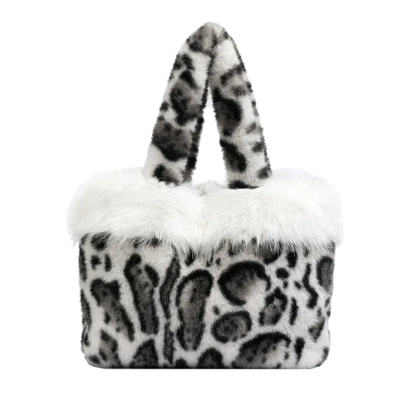 Autumn Winter Leopard Print Tote Bag Shoulder Hair Large Capacity Messenger Plush Student