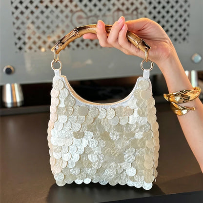 Shell Beaded Evening Bag Women Bamboo Handle Sequin Clutch