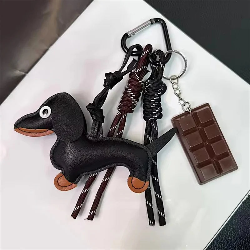 Dachshund Leather Bag Charm Keychain with Tassel & Pearl Bow