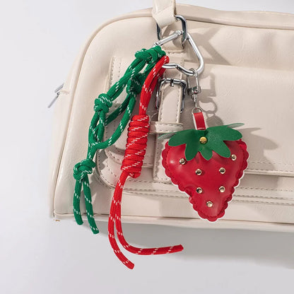Strawberry Bag Charm Keychain – Leather Pendant & Rope Tassel