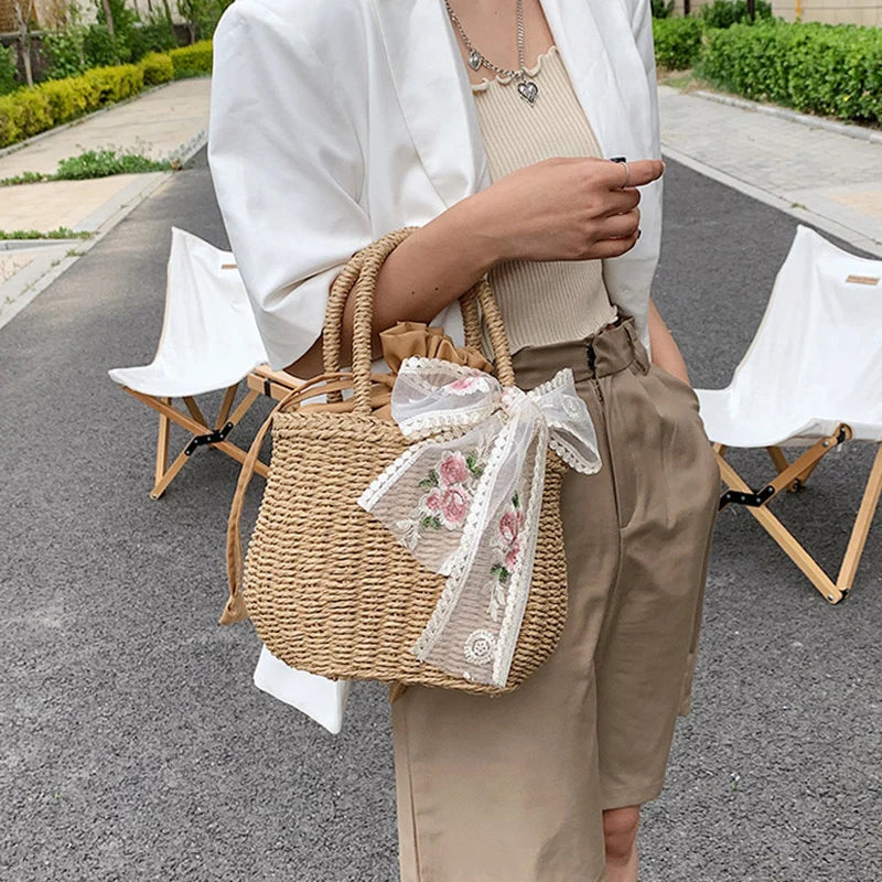 Straw Bucket Bag for Women – Handmade Bohemian Beach Tote