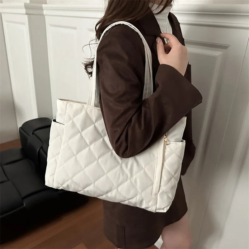 Women Autumn Winter Simple Large Capacity Tote Bag Quilted Crossbody Shoulder Lightweight Casual