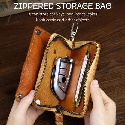 Genuine Leather Key Wallet for Men – Handmade Zipper Key Organizer with Card Slot