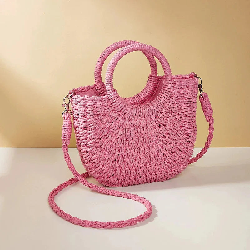 Moon-Shaped Straw Handbag – Handmade Women Beach & Crossbody Bag
