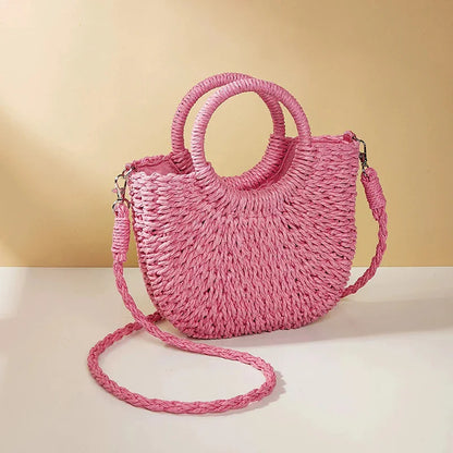 Moon-Shaped Straw Handbag – Handmade Women Beach & Crossbody Bag