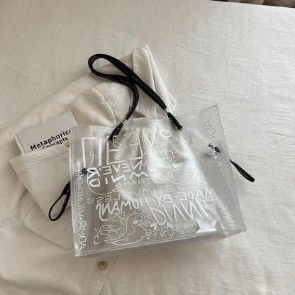 Transparent Pvc Jelly Tote Bag Inner Pouch Graffiti Letter Print Large Capacity Shoulder Summer