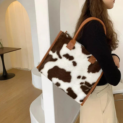Fluffy Cow Print Tote Bag – Women's Plush Furry Handbag for Winter