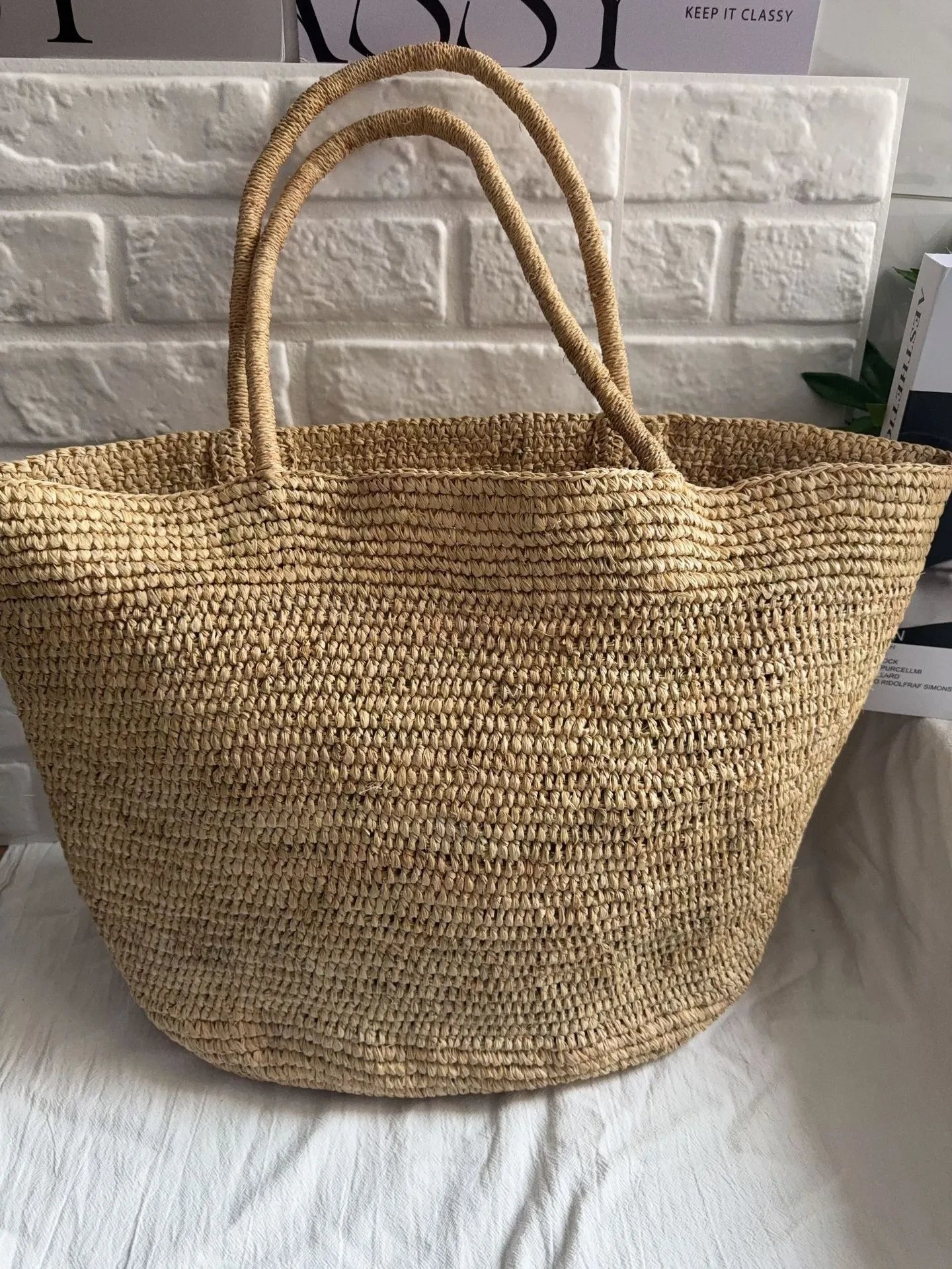 Large Raffia Straw Tote Bag – Handwoven Women's Beach Handbag