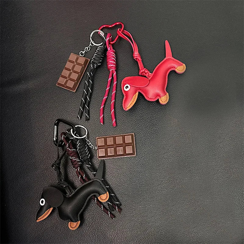 Dachshund Leather Bag Charm Keychain with Tassel & Pearl Bow