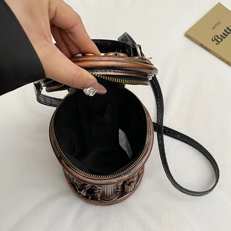 3D Baroque Embossed Bucket Bag – Retro Crossbody Handbag