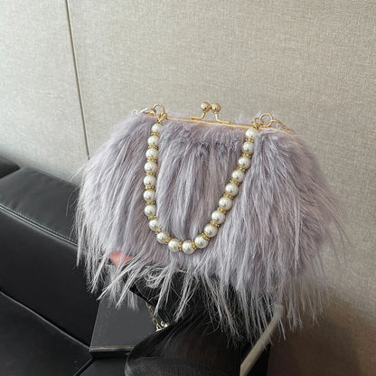 Plush Evening Bag – Fluffy Faux Fur Clutch with Pearl Handle