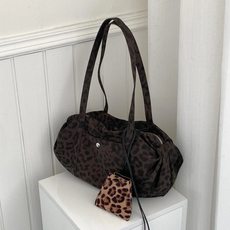 Wild Leopard Print Handbag Large Capacity Tote Bag Minimalist Nylon Women Shoulder Armpit Retro