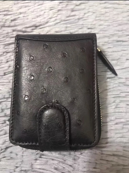Ostrich Leather Men's Multi-Card Holder Wallet with Zipper