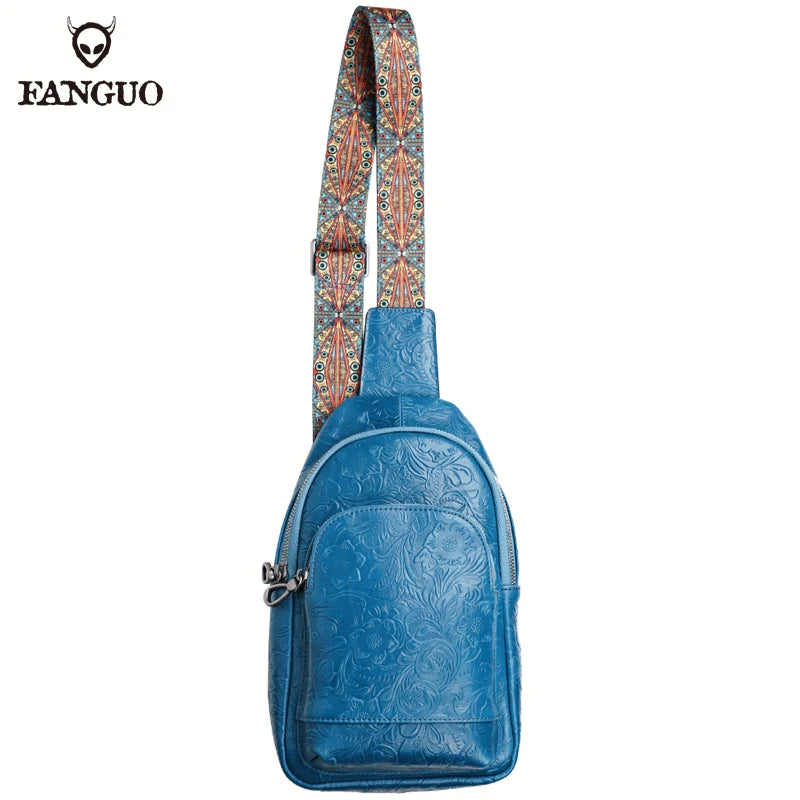 Genuine Leather Chest Bag – Luxury Floral Embossed Sling Backpack for Men