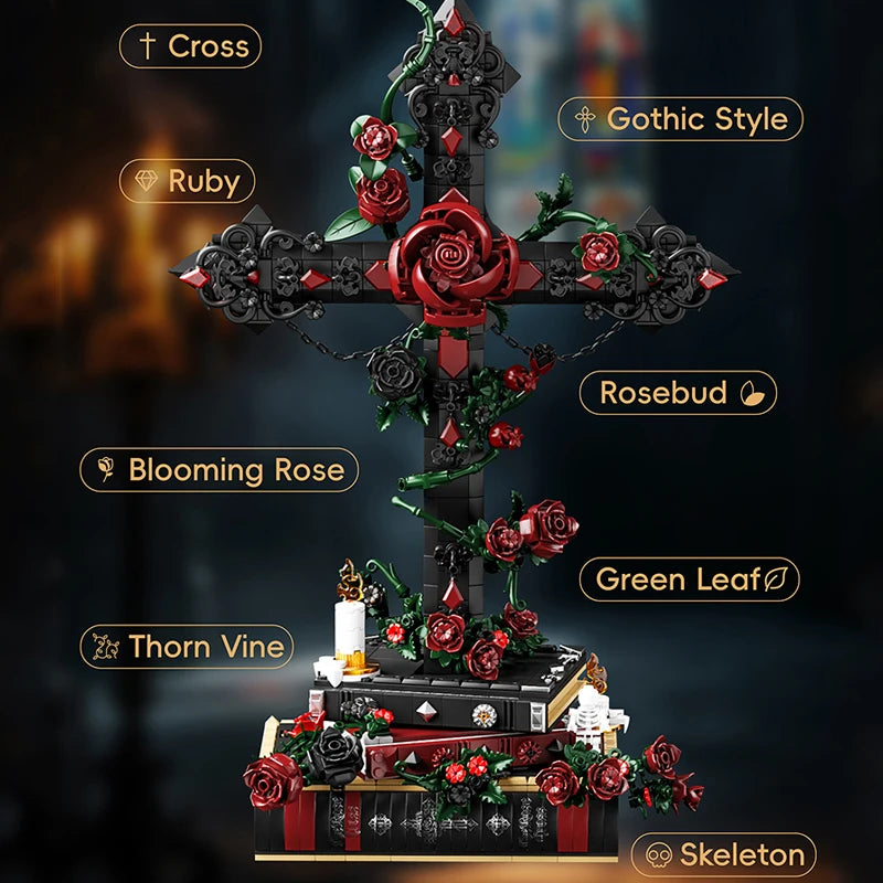 Gothic Rose Cross MOC Building Blocks Set – 1349pcs Floral Display