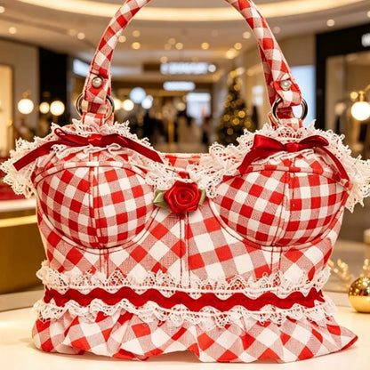 Novelty Bust-Shape Handbag – Plaid Lace Rose Shoulder Bag for Women