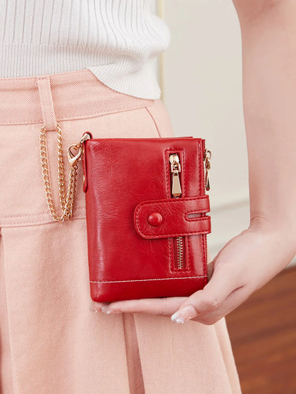 Women's Double Zipper Short Wallet with Detachable Chain