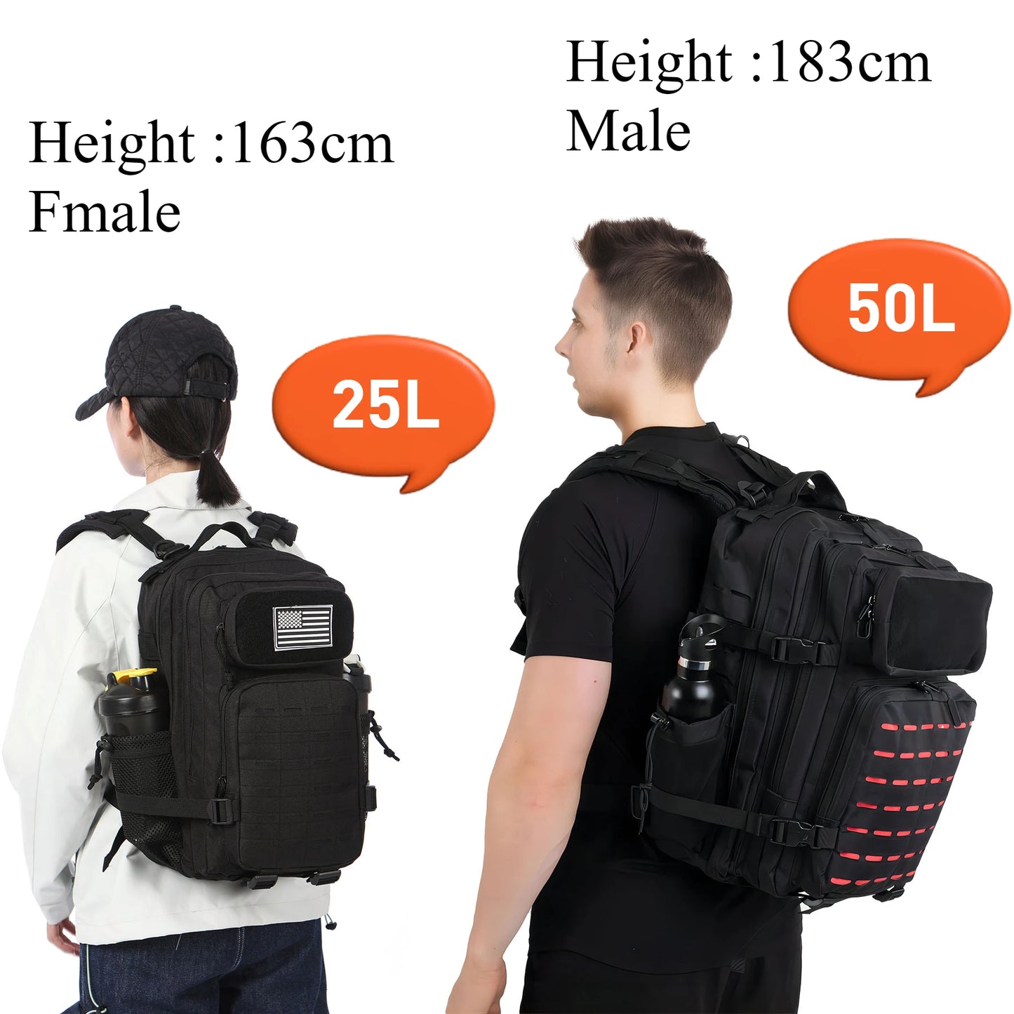 Tactical Backpack 25L/50L MOLLE Hiking Rucksack with Bottle Holders