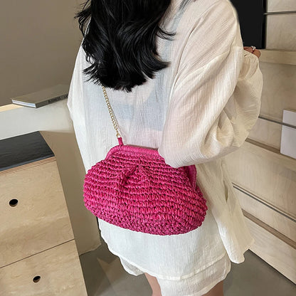 Straw Woven Cloud Bag – Gold Chain Shoulder Purse for Women