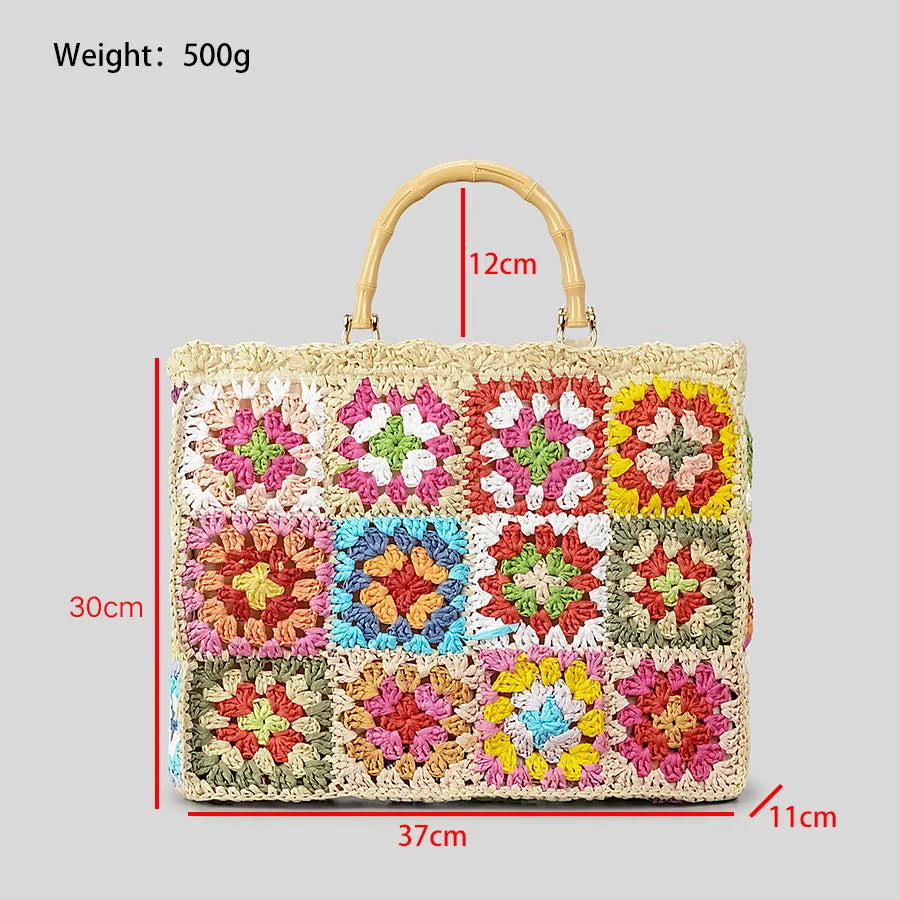 Bohemian Granny Square Staw Handbags Casual Paper Woven Bamboo Handle Women Hand Bags Handmade Summe
