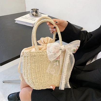 Straw Bucket Bag for Women – Handmade Bohemian Beach Tote