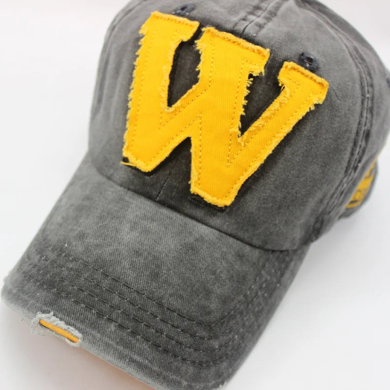Washed Cotton Baseball Cap – Embroidered Letter W Snapback
