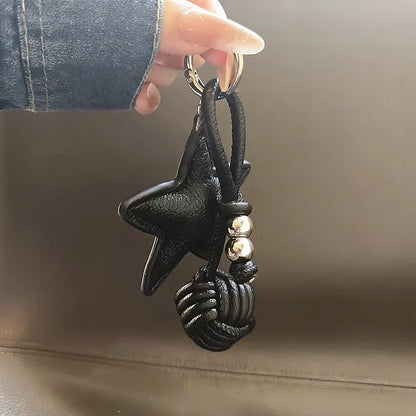 Star Leather Keychain Bag Charm with Woven Ball