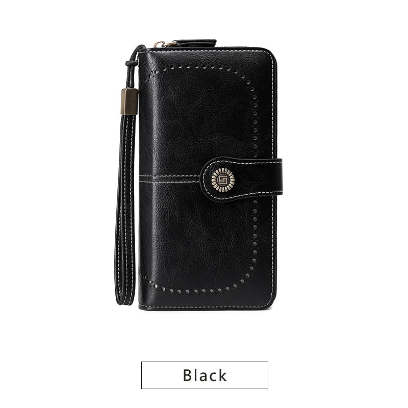 RFID Blocking Women's Trifold Long Wallet – Large Capacity Retro Leather Clutch